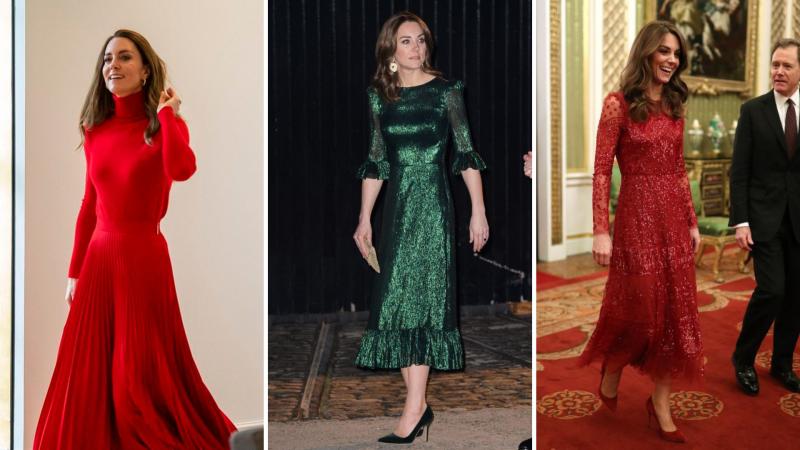 Kate Middleton v červených a zelených šatech.